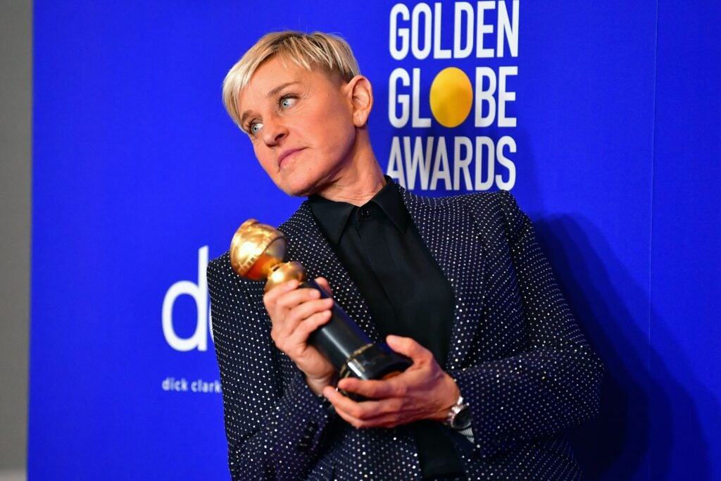Ellen DeGeneres poses in the press room with the Carol Burnett award during the 77th annual Golden Globe Awards on January 5, 2020, at The Beverly Hilton hotel in Beverly Hills, California.