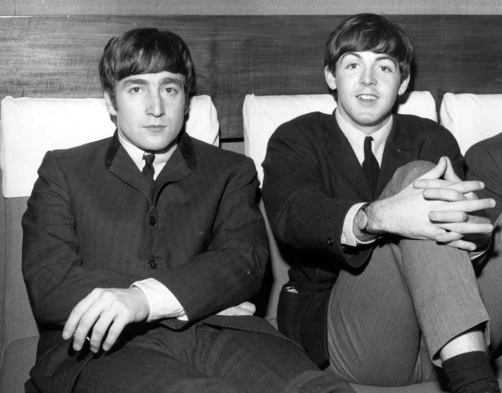 Two members of Liverpudlian pop group The Beatles, John Lennon (1940 - 1980), singer and guitarist, left, and Paul McCartney, singer and bass guitarist. 